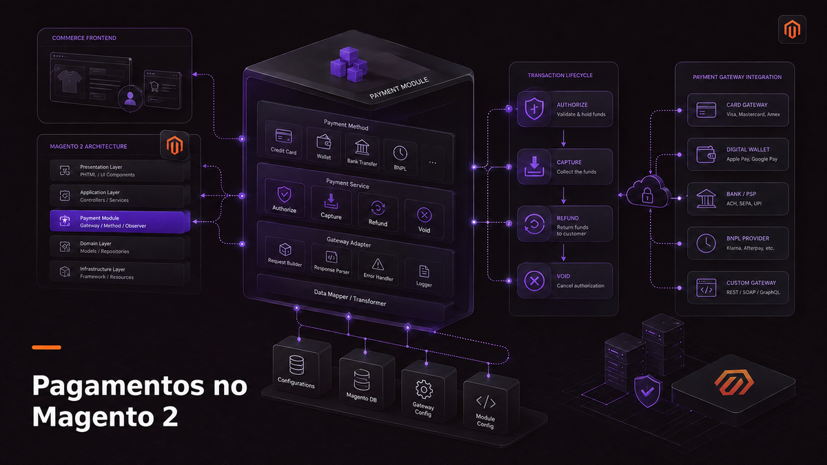 Como funciona um módulo de pagamento no Adobe Commerce e Magento 2: authorize, capture, refund, void e integração com gateway