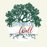 Operate Well logo which has a circular spreadsheet overlapped by the outline of a dark green oak tree and the words “Operate Well” in blue and red.