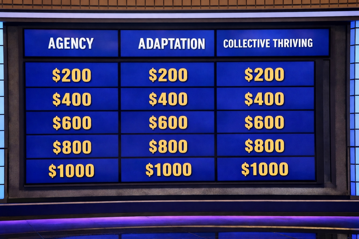 A Jeopardy! game board is shown with three category colomn options: “Agency”, “Adaptation,” and “Collective Thriving"