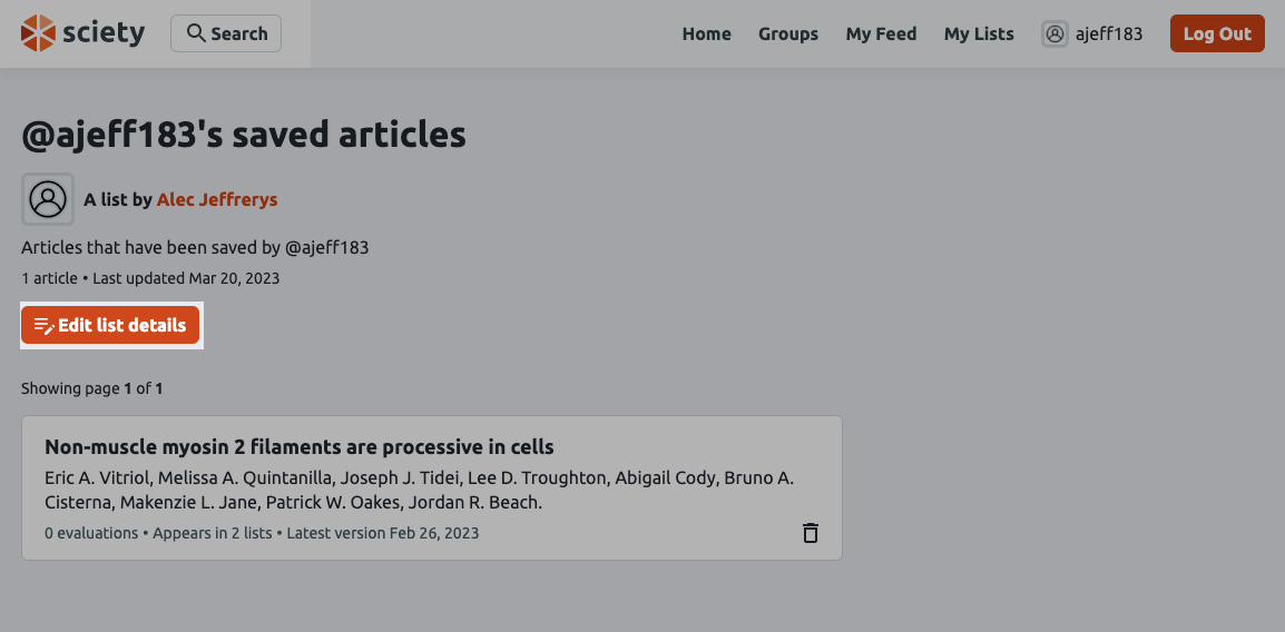 List page on Sciety with Edit list details button highlighted