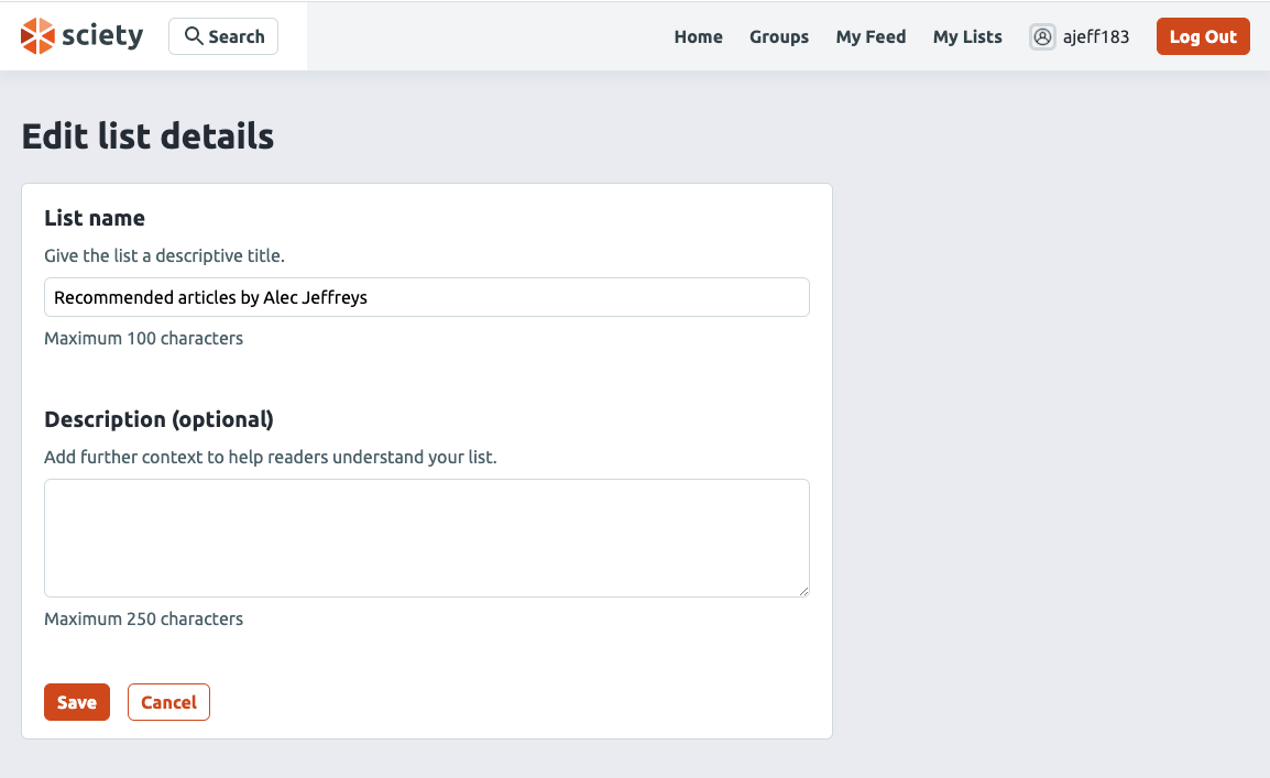 Edit list details page on Sciety