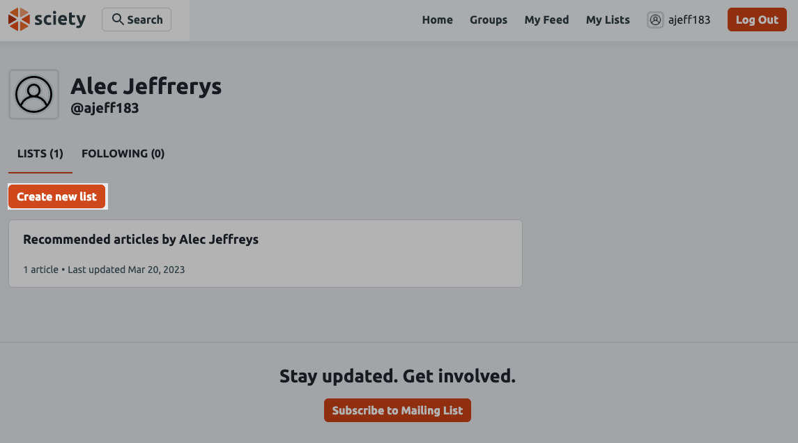 Profile page on Sciety with Create new list button highlighted