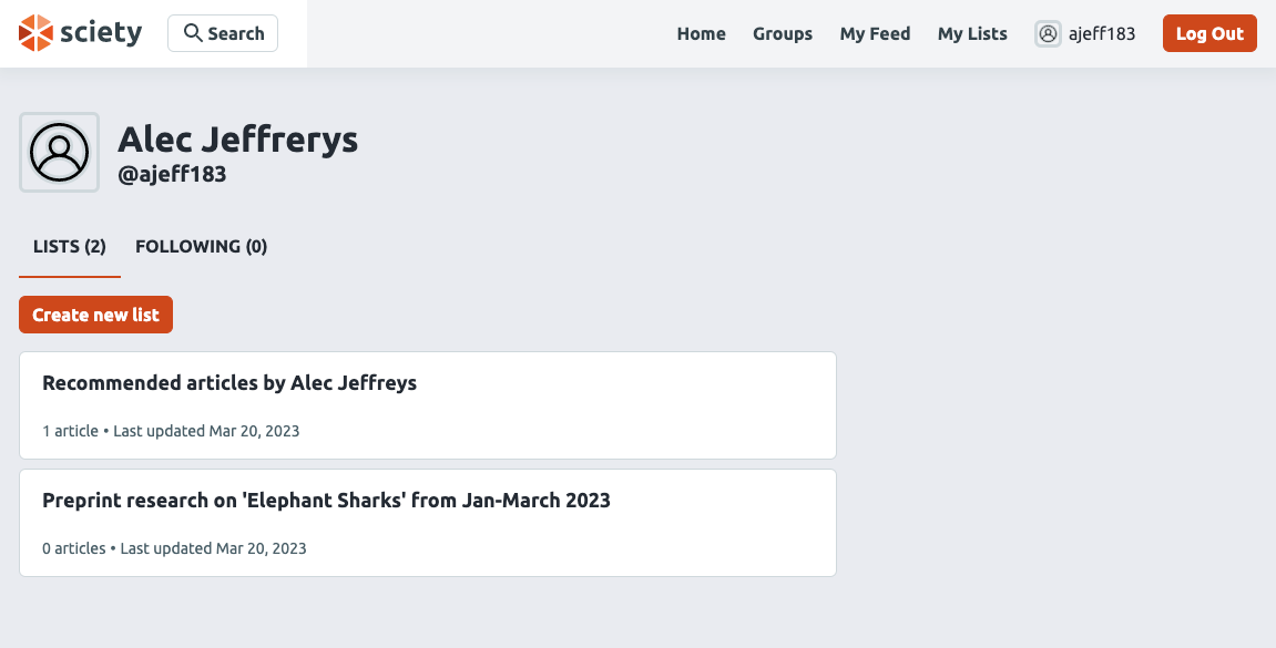 Profile page in Sciety showing multiple lists