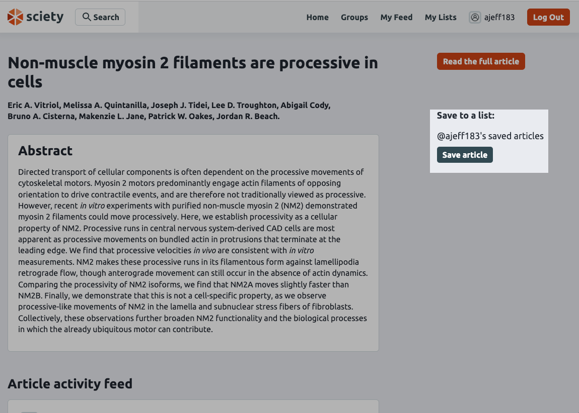 Article page on Sciety with the 'Save article' button highlighted