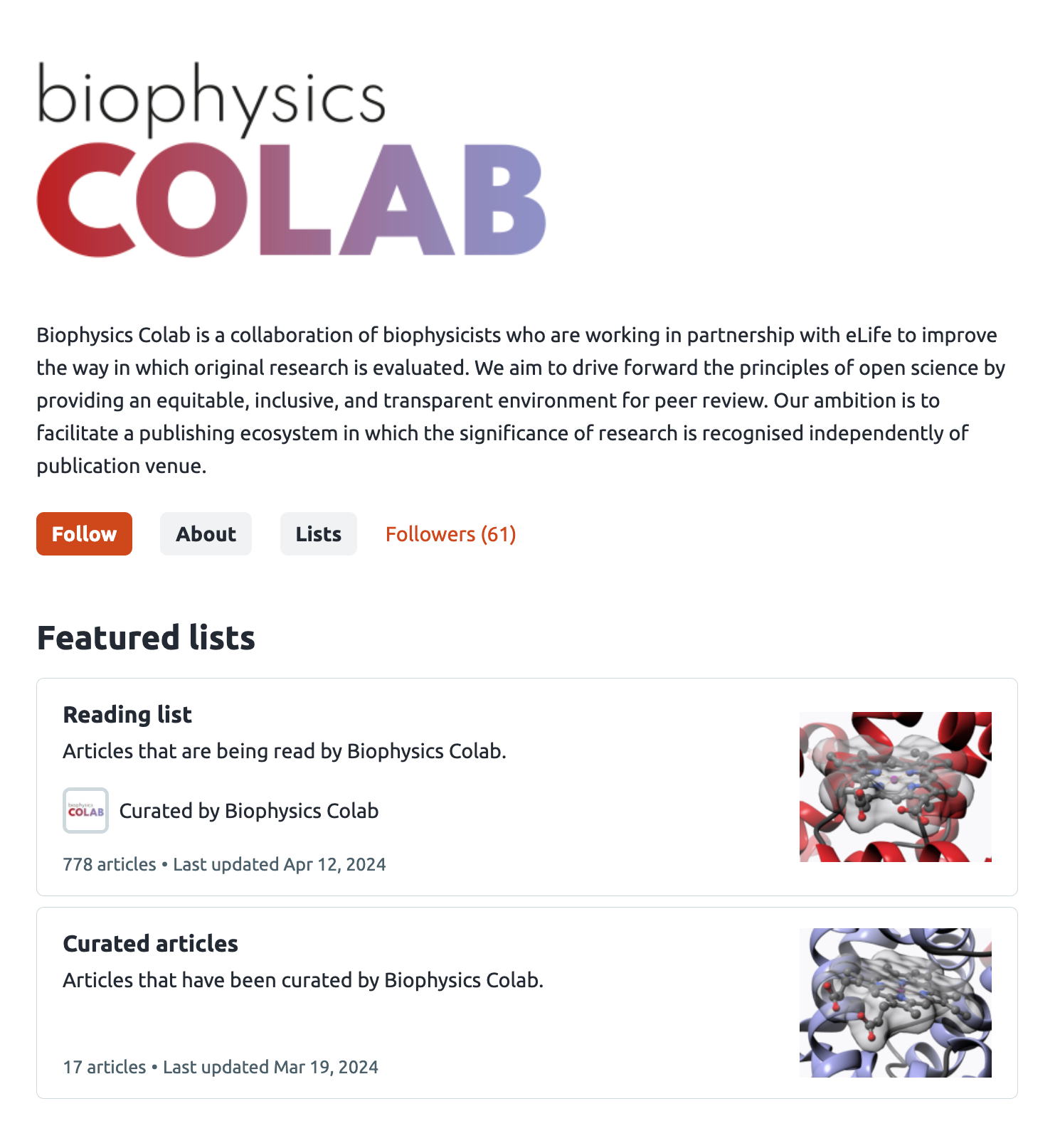 A group page on Sciety with two featured lists