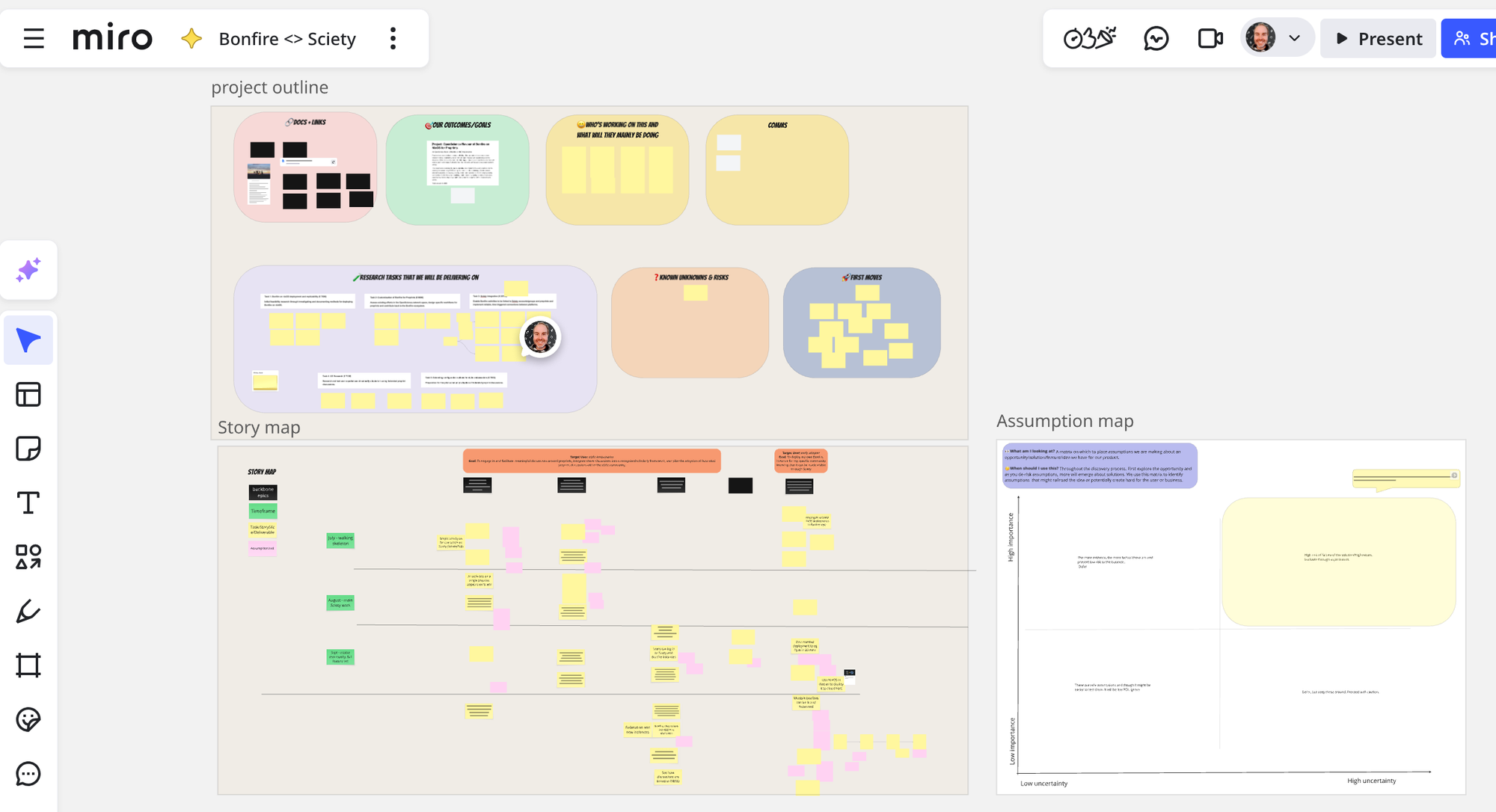 overview of NLnet project on Miro, board contaiins high level project information, a story map and an assumption map