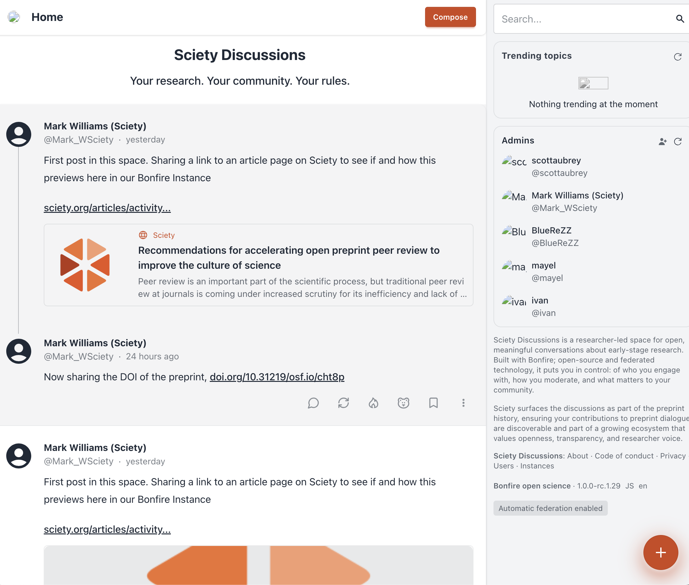 Image of the homepage of discussions.sciety.org with a few posts on display