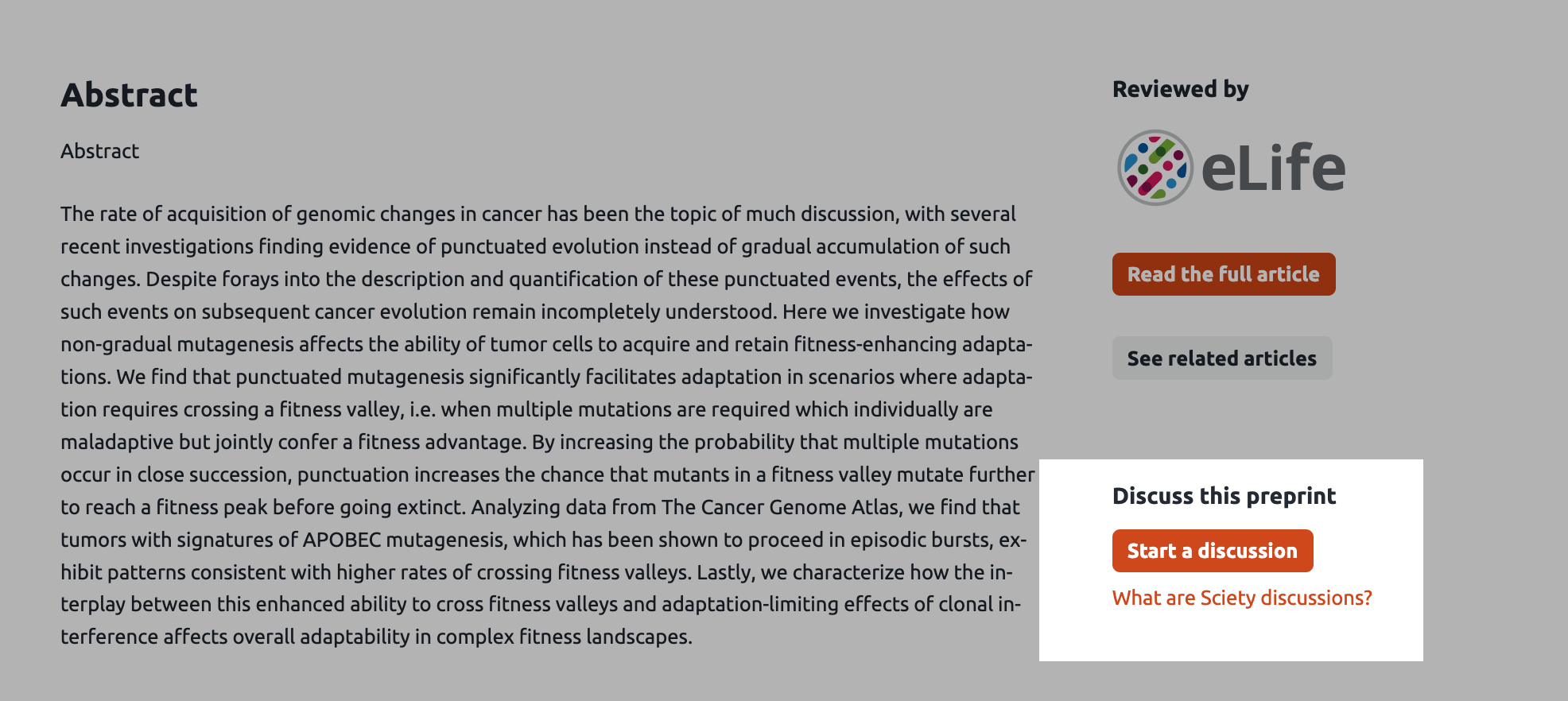 Article page on Sciety showing discuss this preprint section which is highlighted, start a discussion button and link to blog post about the project.