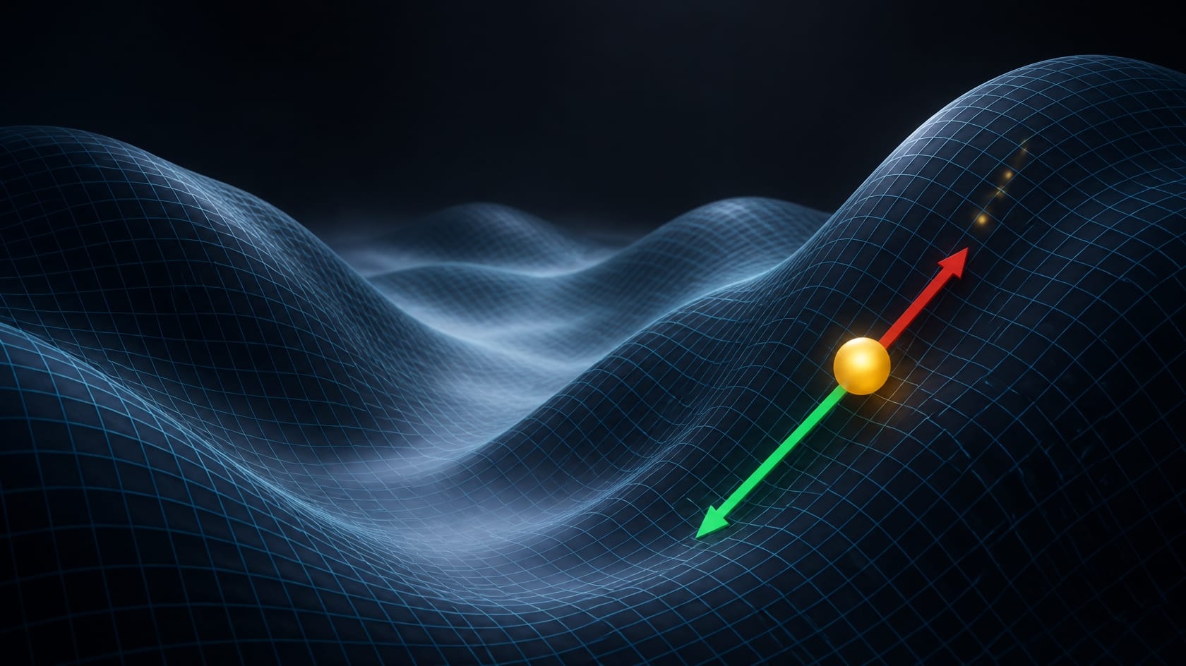 3D wireframe surface with a ball and arrows showing the direction of a gradient
