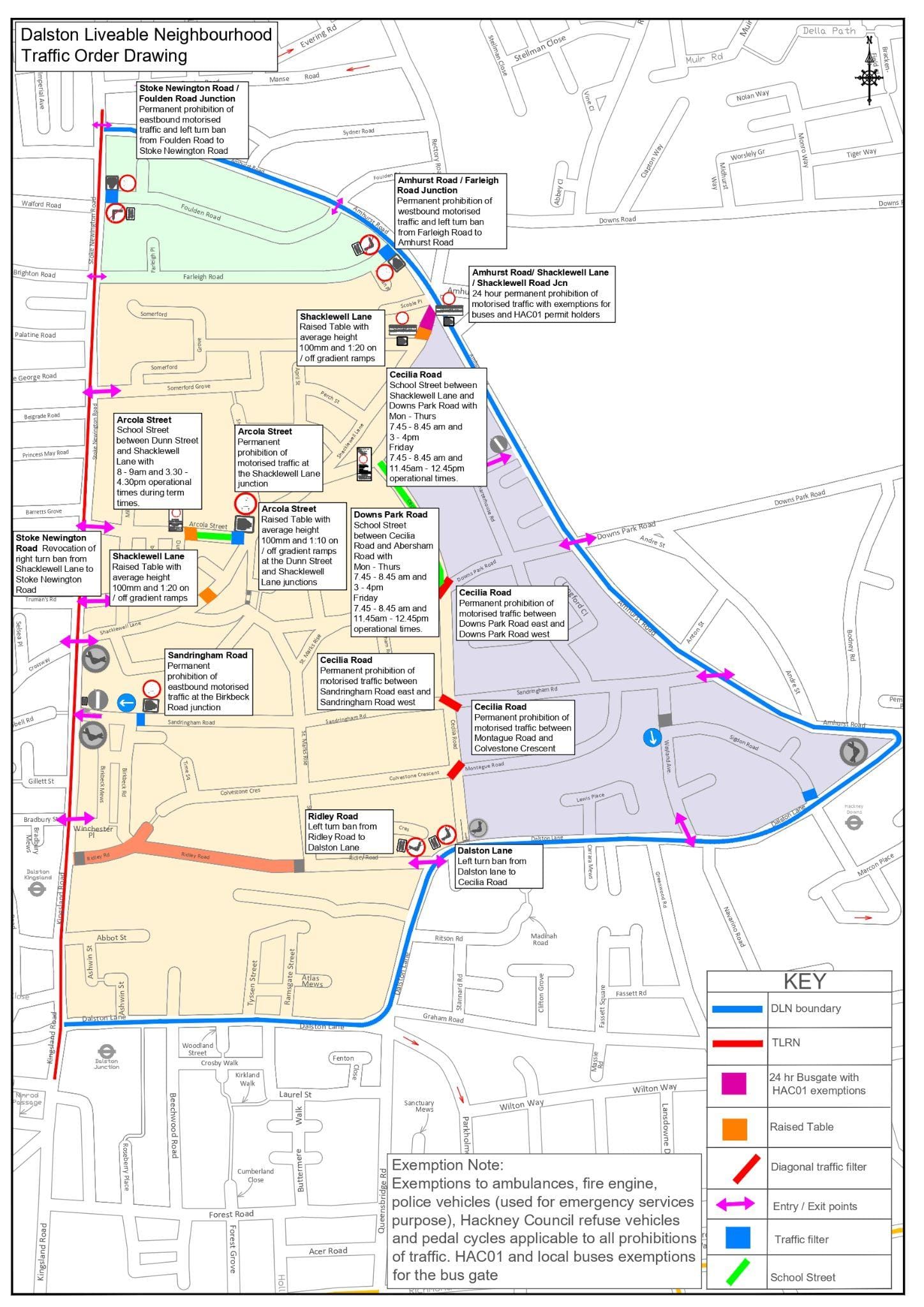 Map showing Shacklewell Lane bus gate, Cecilia Road filters and School Streets