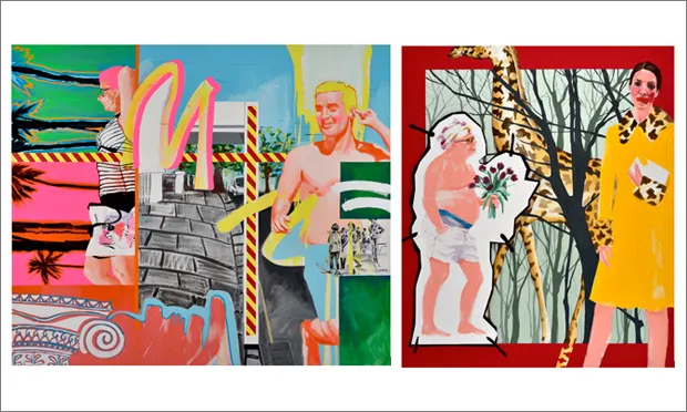 (L) David by Stella Kapezanou. Oil and acrylic on canvas. 170 x 210cm. £3,900. (R) The Girl in Miu Miu by Stella Kapezanou. O