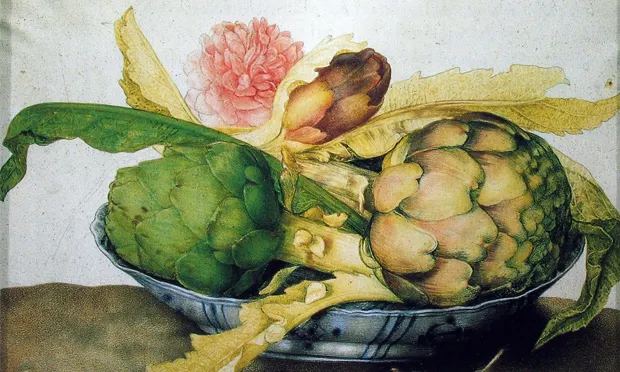 Detail from Giovanna Garzoni's Artichokes in a Chinese dish with rose and strawberries (c. 1650)