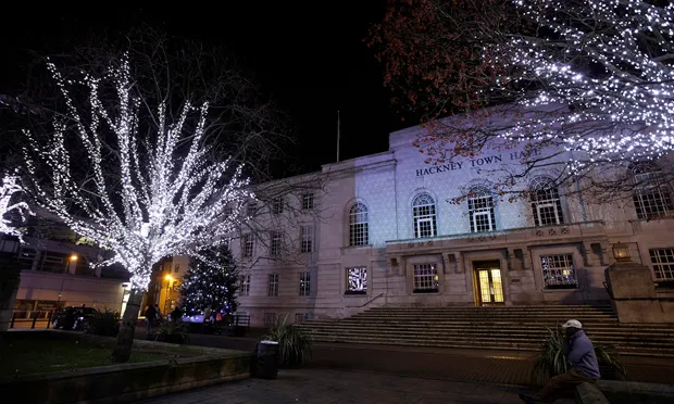 Hackney Town Hall, resplendent with festive lights. Photograph: Hackney Council