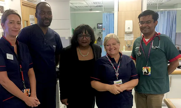Diane Abbott with Homerton University Hospital chief nurse, Director of Governance, Head of Midwifery, Director, and the head