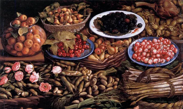 Still life of fruit, vegetables and roses (Natura morta di frutta, ortaggi e rose) by Vincenzo Campi