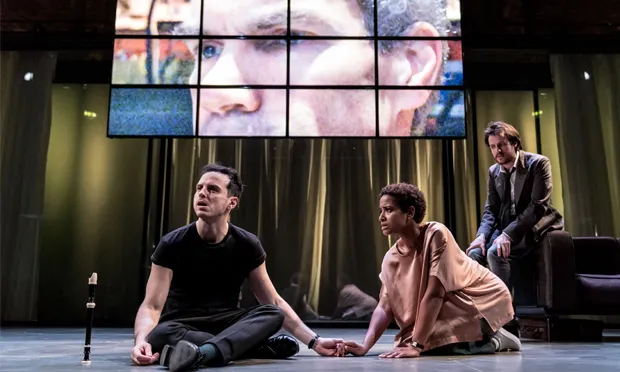 Andrew Scott (Hamlet), Amaka Okafor (Guildenstern) and Calum Finlay (Rosencrantz). Photograph: Manuel Harlan.