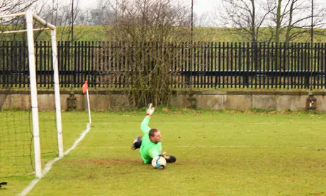 Dean Banks saves a penalty from Weirside Rangers in Cup Quarter final