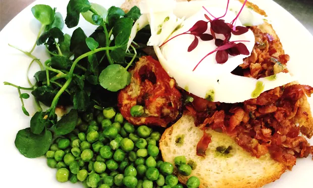 Grilled crispy pancetta, with trimmings. Photograph: Victoria Seabrook