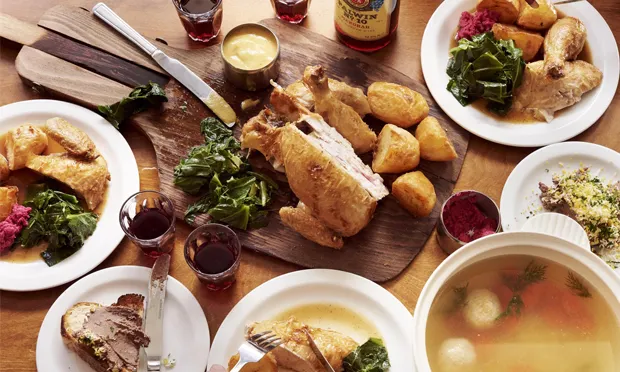 The full Shabbat dinner at Monty's Deli, laid out on the table. Photograph: Fraser Communications