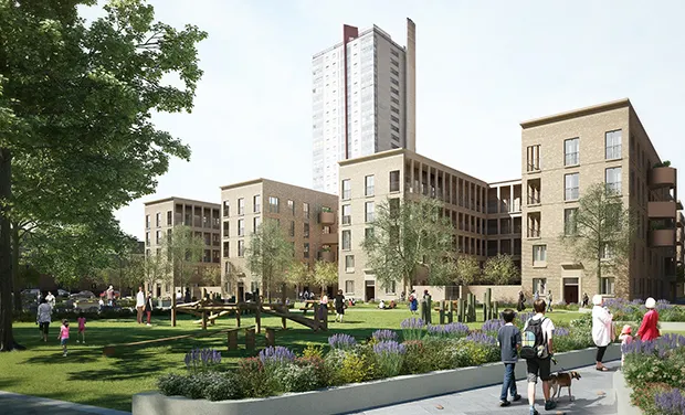 A CGI image showing what the homes on the currently vacant plot of land will look like. Image: Karakusevic Carson Architects