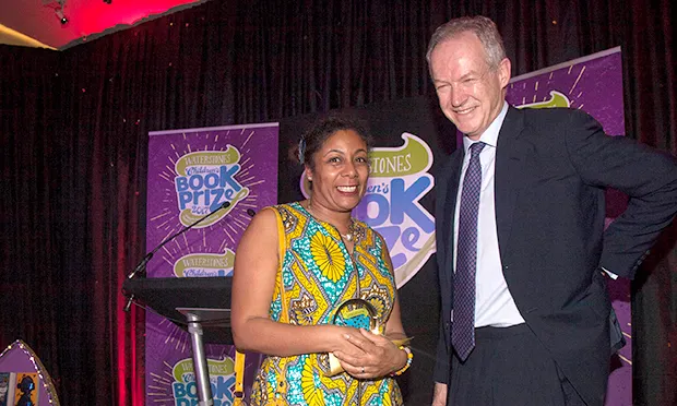 Patrice Lawrence picking up award from James Daunt