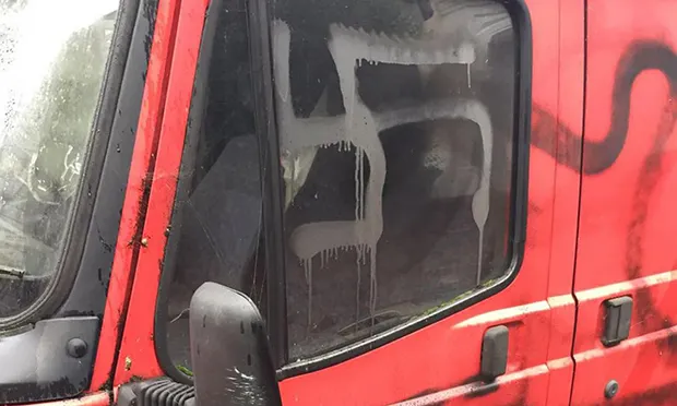 Swastikas were discovered painted on vans on Monday morning. Photograph: Shomrim