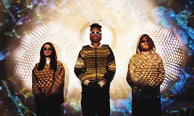 (l-r): Dan Leavers, Shabaka Hutchings and Max Hallett as jazz three-piece The Comet is Coming. Photograph: Fabrice Bourgelle