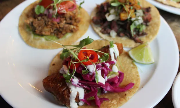 Taco trio: the Tofish is front-and-centre in this picture and in our reviewer’s affections. Photograph: Jade King