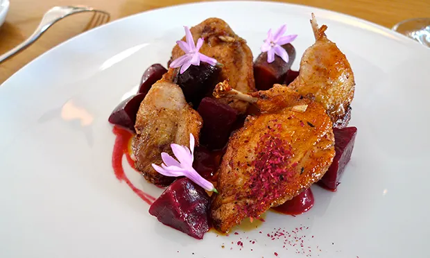 Quail with rose petals (and some beetroot for enhanced redness)