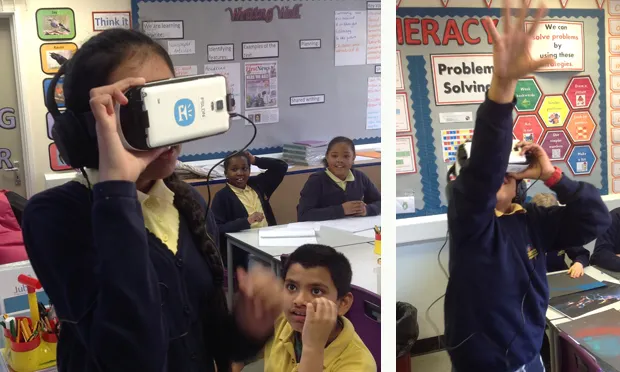'Best day of school!' Pupils get animated using a virtual reality headset. Photograph: Jubilee Primary School