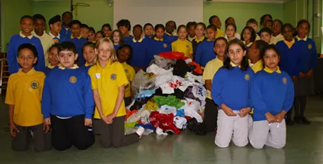 Year 5 students at London Fields School with their plastic bag mountain