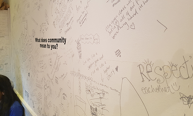 Scribbled upon: The walls of the Canvas Cafe.
