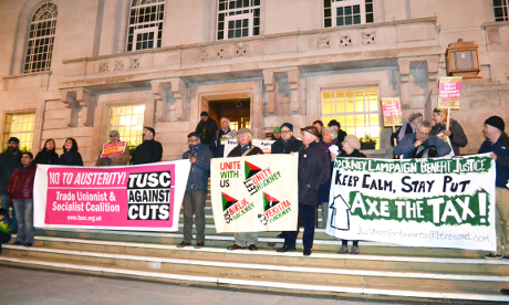 Protesters gather at Hackney Town Hall. Photograph: Josh Loeb