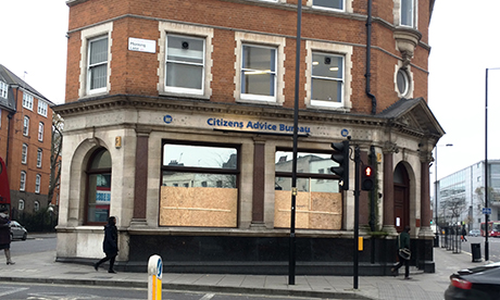Boarded up: the smashed windows at Hackney Citizens' Advice Bureau, Mare Street. Photograph: Hackney Citizen
