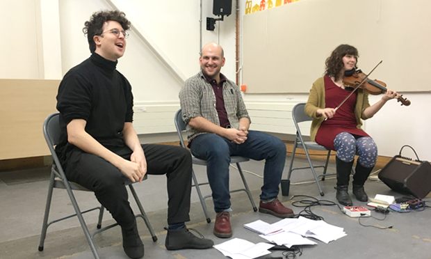 Rehearsal: (l-r) Olly Hawes, Nick Cassenbaum, Anna Lowenstein prepare to tell twenty stories from the Wick in You, Me, The World... Photograph: Katherine Igoe-Ewer