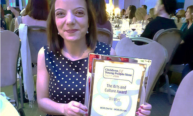 Marisa Pereira, assistant director of WORLDwrite with their CYPN Arts and Culture award