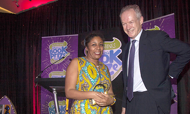 Patrice Lawrence picking up award from James Daunt