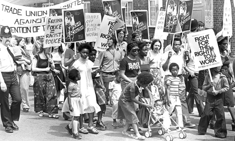 Protesters taking part in an event called March Against Police Brutality in 1976