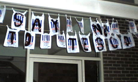Tesco bags spell out the message Photo: © Tessa Hart