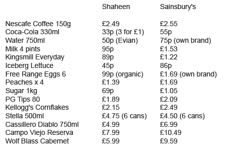 Price comparisons for Shaheen and Sainsbury's, 07/10/09; Stella corrected 12/11/09: 6 cans 12/11/09
