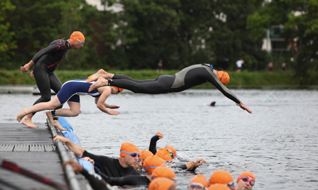 Taking the plunge: West Reservoir swimmers. Photograph: Greenwich Leisure Limited