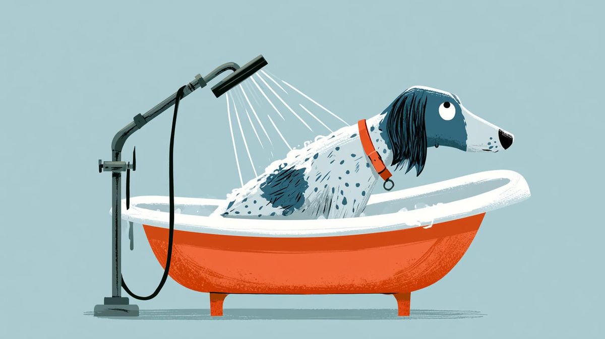 cartoon of a dog getting a bath