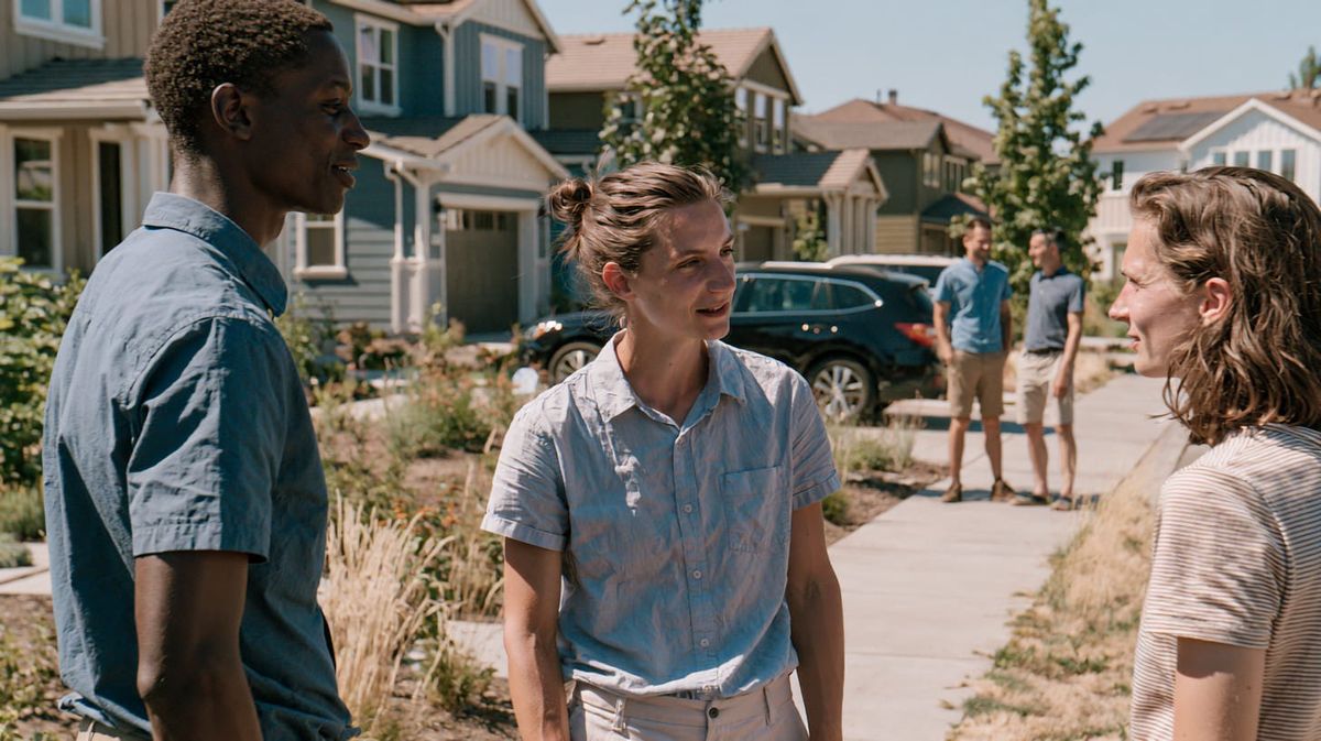 image of neighbors visiting on the sidewalk