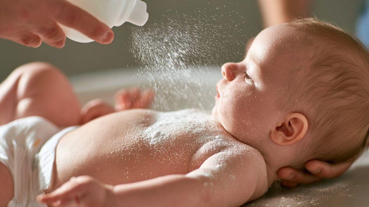 image of a baby being sprinkled with talc