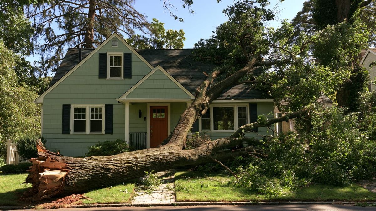 image of a tree falling on a house
