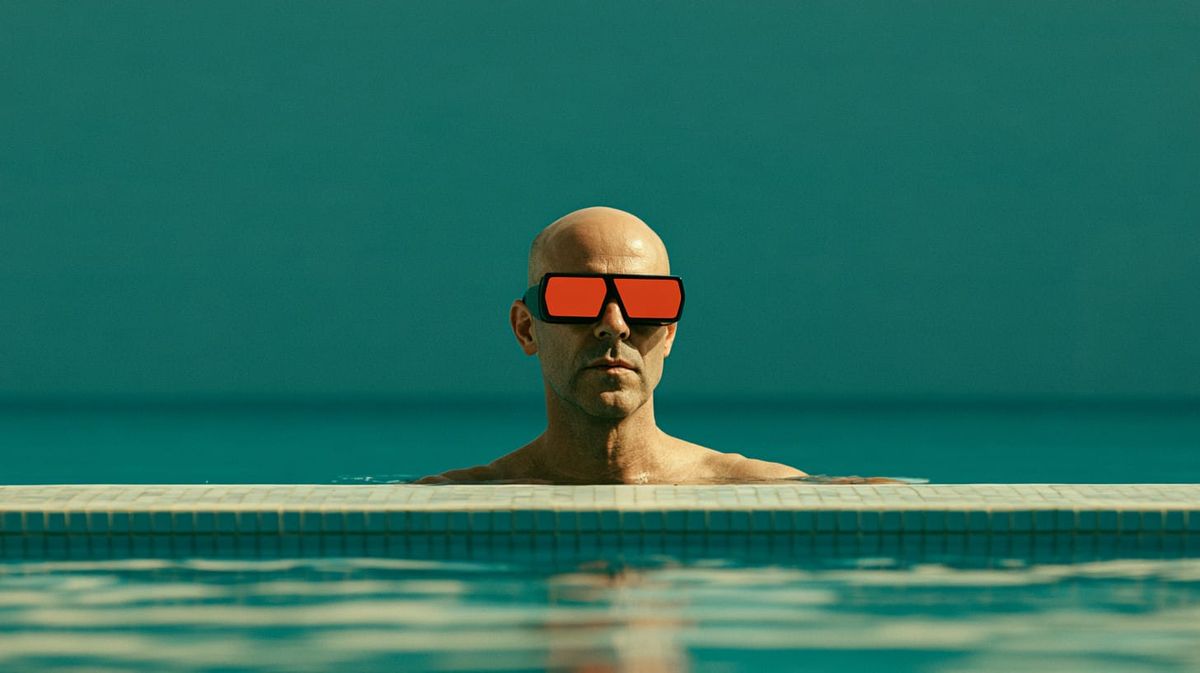 man wearing meta glasses at swimming pool