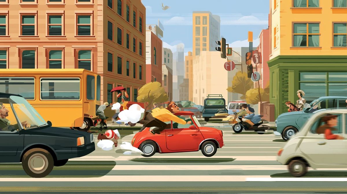 cartoon shows car speeding through traffic