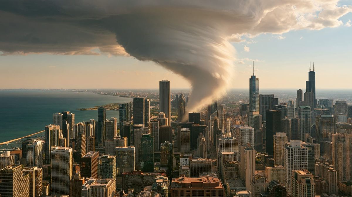 Simulation of a tornado approaching Chicago