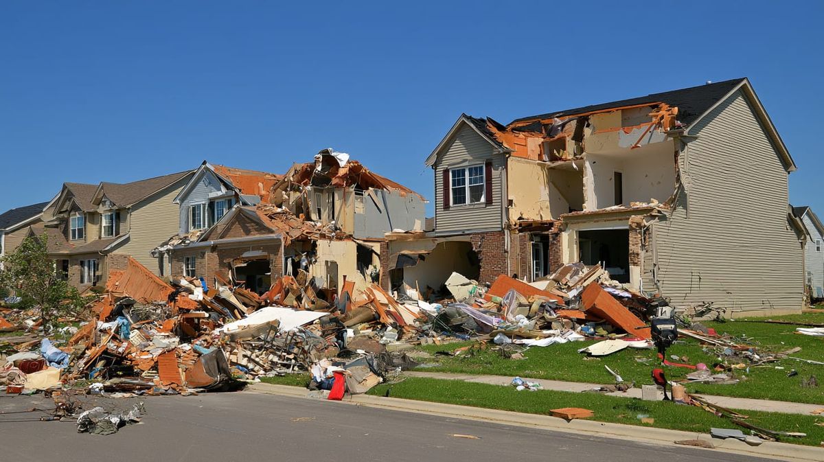 an image showing simulated storm damage to homes