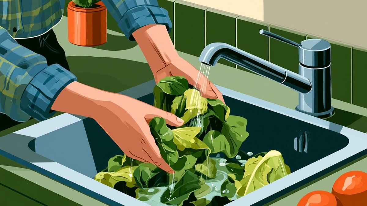 image of hands washing lettuce